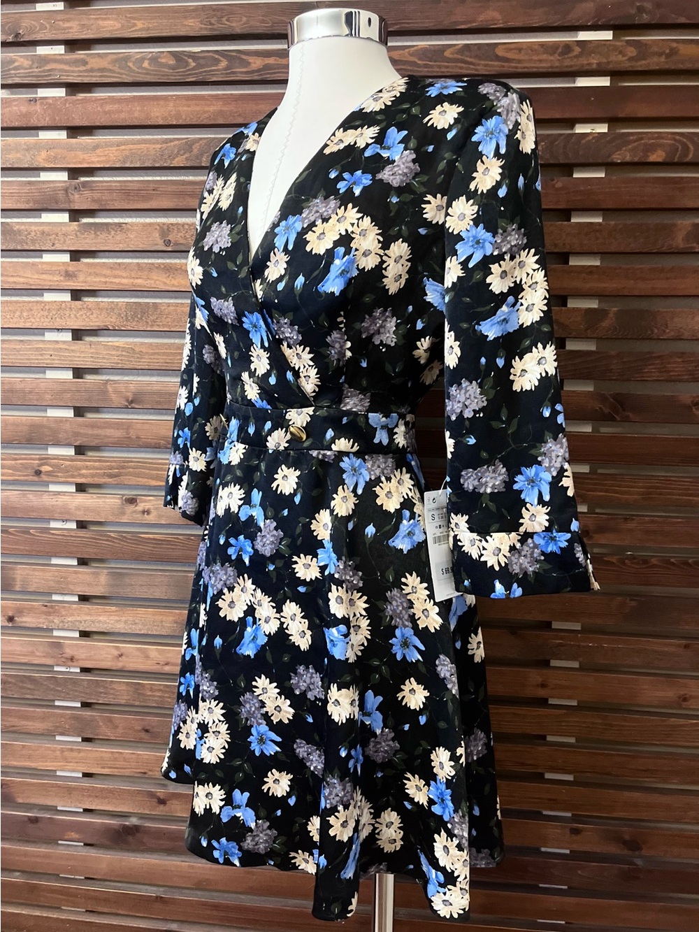 NWT Zara Low Low V-Neck Black Blue & Yellow Floral Mini Dress - XS / 69.90